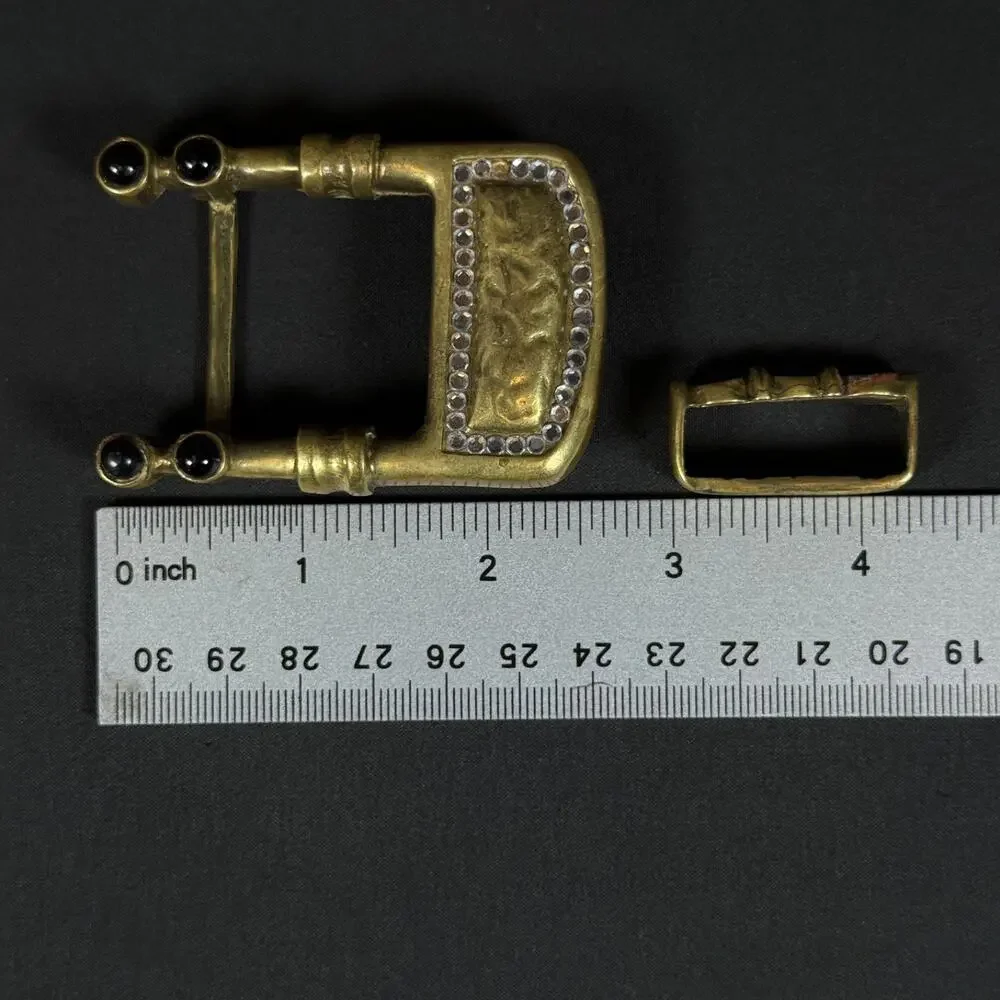 Belts By Lois Solid Brass Belt Buckle Set Black Rhinestone Vintage